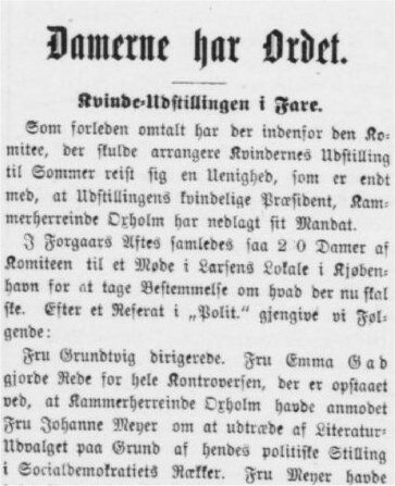 Kvindeudstillingen i fare.Aarhus Stiftstidende 13. januar 1895.
