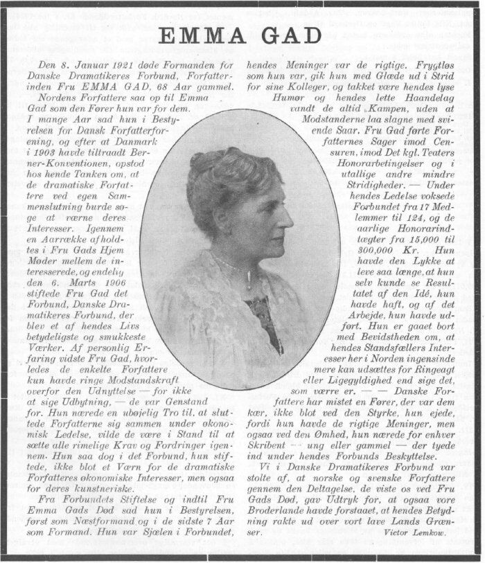 Emma Gad in memorandum Januar 1921