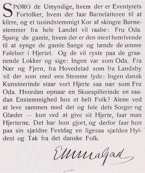 Emma Gads lykønskning til Oda Nielsen