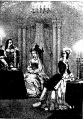 Dronning Marguerithes Noveller. Tv. Michael Wiehe, th. Fru Heiberg.